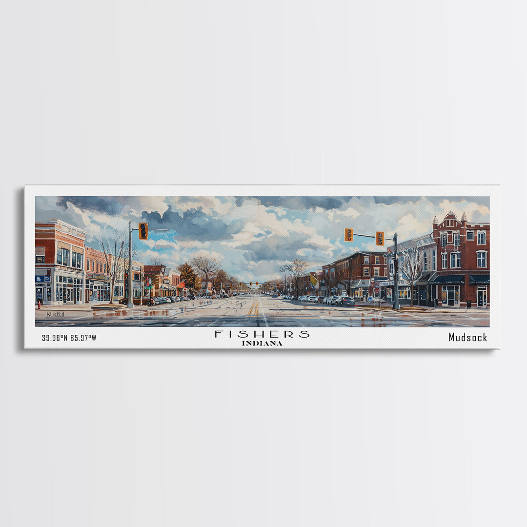 Fishers Indiana Panoramic Watercolor Painting, Scenic Framed Canvas Print, Urban Wall Art for Office, Travel Decor, City Print, Gift Idea