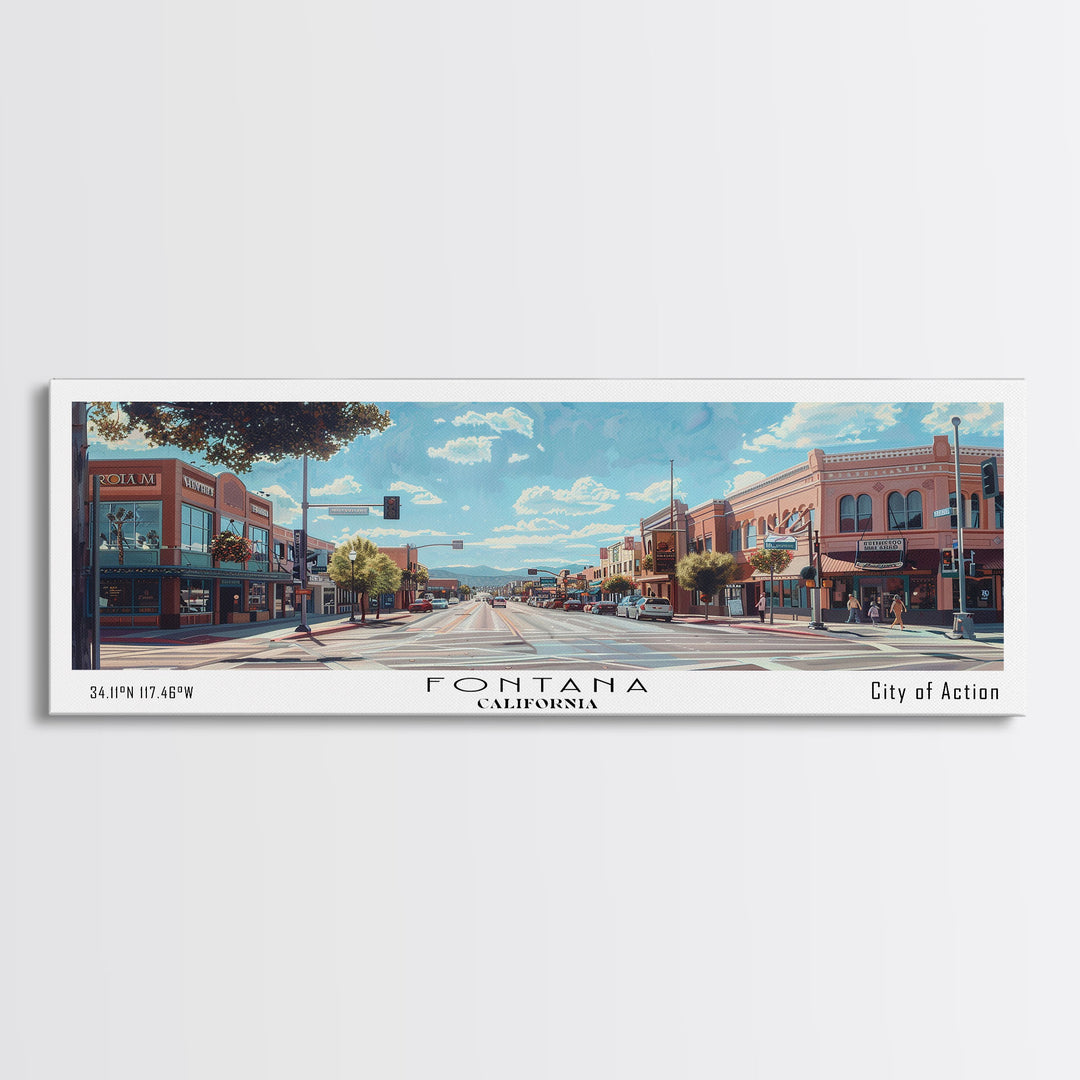 Fontana California Panoramic Watercolor Painting, Scenic Framed Canvas Print, Urban Wall Art for Living Room, Travel Poster, Home Decor, City Gift Idea