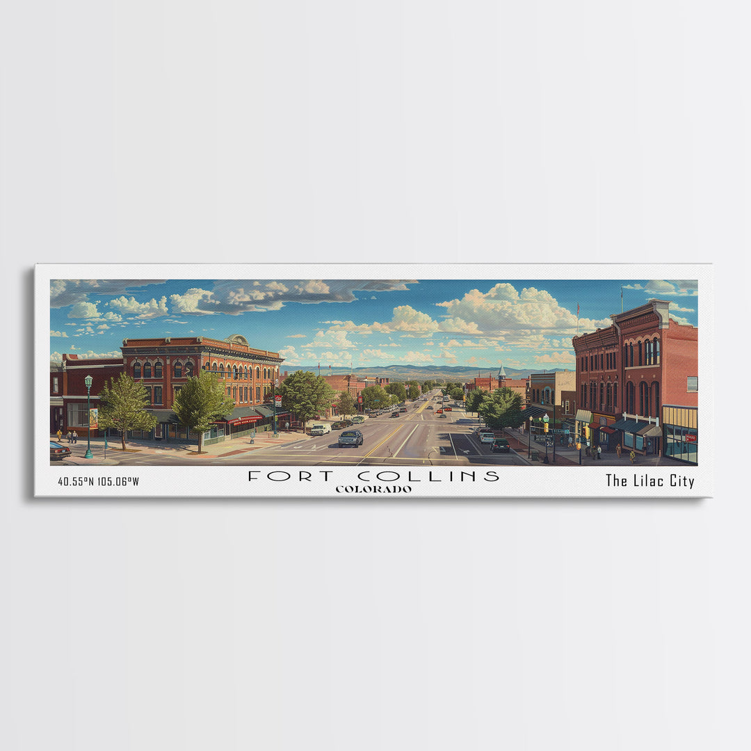 Fort Collins Colorado Panoramic Watercolor Painting, Scenic Framed Canvas Print, Urban Wall Art for Office, Travel Decor, City Print, Gift Idea