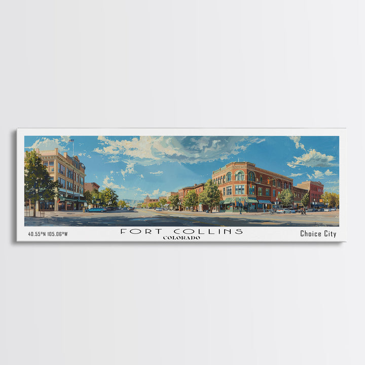 Fort Collins Colorado Panoramic Watercolor Painting, Scenic Framed Canvas Print, Urban Wall Art for Office, Travel Decor, City Print, Gift Idea