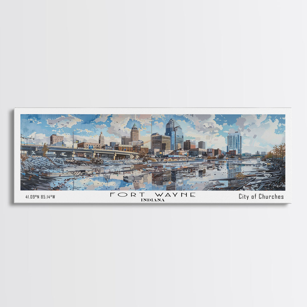Fort Wayne Indiana Panoramic Watercolor Painting, Scenic Framed Canvas Print, Urban Wall Art for Office, Travel Decor, City Print, Gift Idea