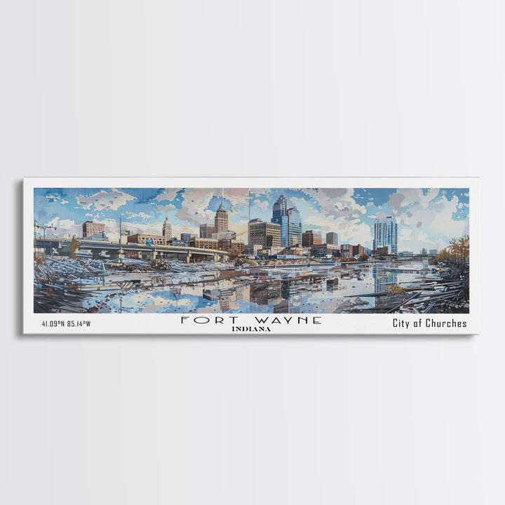 Fort Wayne Indiana Panoramic Watercolor Painting, Scenic Framed Canvas Print, Urban Wall Art for Office, Travel Decor, City Print, Gift Idea