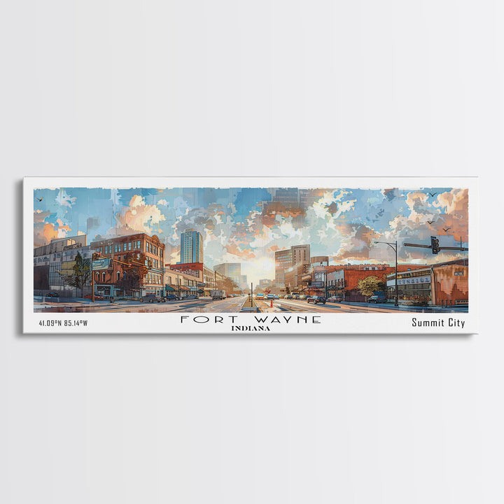 Fort Wayne Indiana Panoramic Watercolor Painting, Urban Framed Canvas Print, Cityscape Wall Art for Living Room, Travel Decor, Home Gift Idea