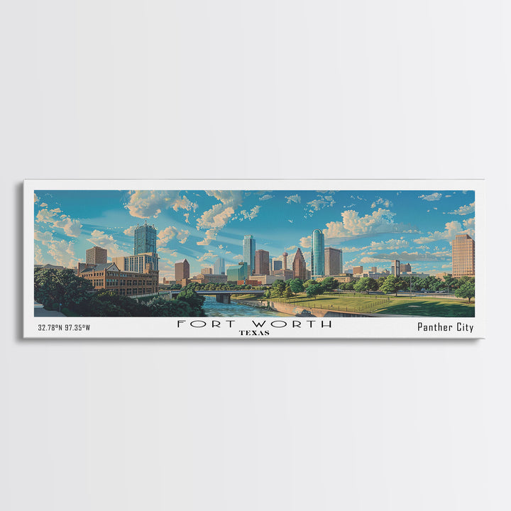 Fort Worth Texas Panoramic Watercolor Painting, Urban Framed Canvas Print, Cityscape Wall Art for Living Room, Travel Decor, Office Art, Gift Idea