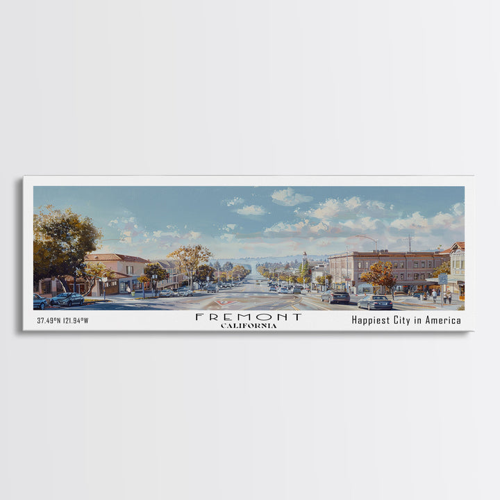 Fremont California Panoramic Watercolor Painting, Scenic Framed Canvas Print, Urban Wall Art for Office, Travel Poster, Home Decor, City Gift Idea
