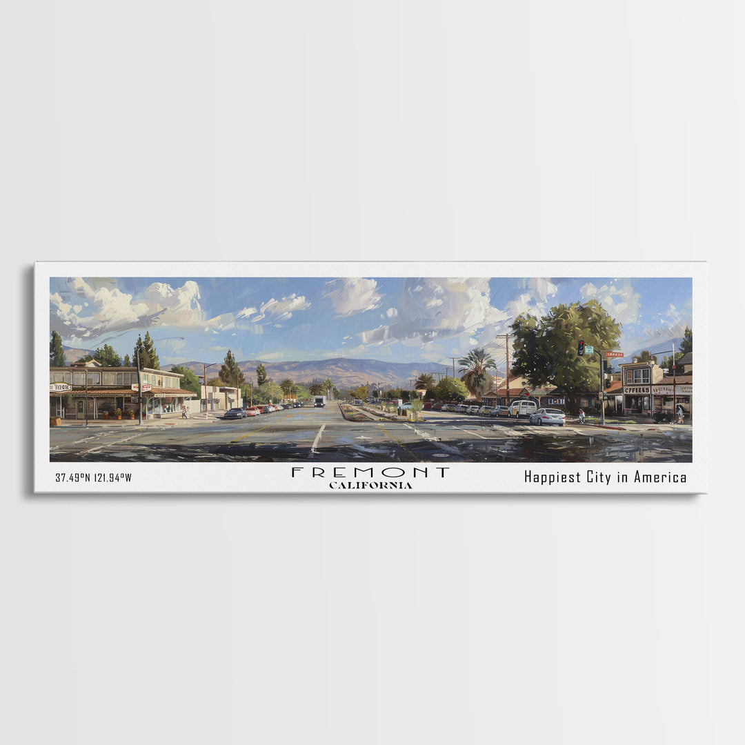 Fremont California Panoramic Watercolor Painting, Scenic Framed Canvas Print, Urban Wall Art for Office, Travel Poster, Home Decor, City Gift Idea