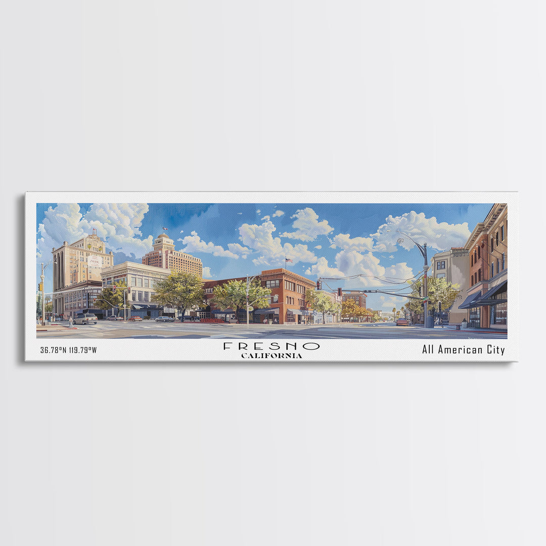 Fresno California Panoramic Watercolor Painting, Scenic Framed Canvas Print, Urban Wall Art for Living Room, Travel Decor, City Print, Gift Idea