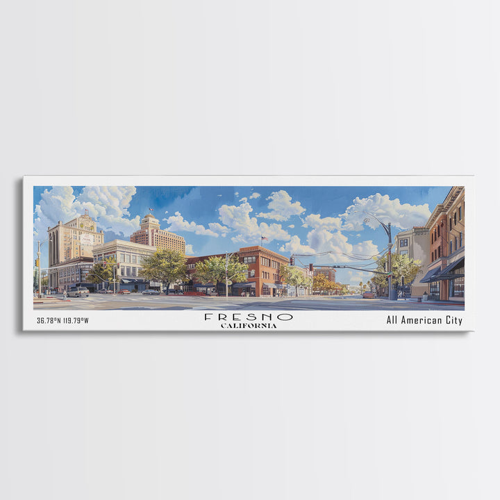 Fresno California Panoramic Watercolor Painting, Scenic Framed Canvas Print, Urban Wall Art for Living Room, Travel Decor, City Print, Gift Idea