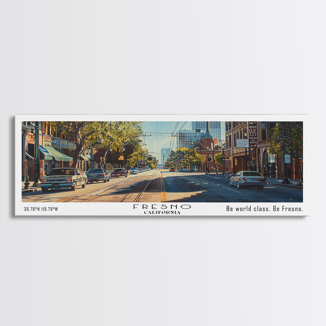 Fresno California Panoramic Watercolor Painting, Scenic Framed Canvas Print, Urban Wall Art for Living Room, Travel Decor, City Print, Gift Idea