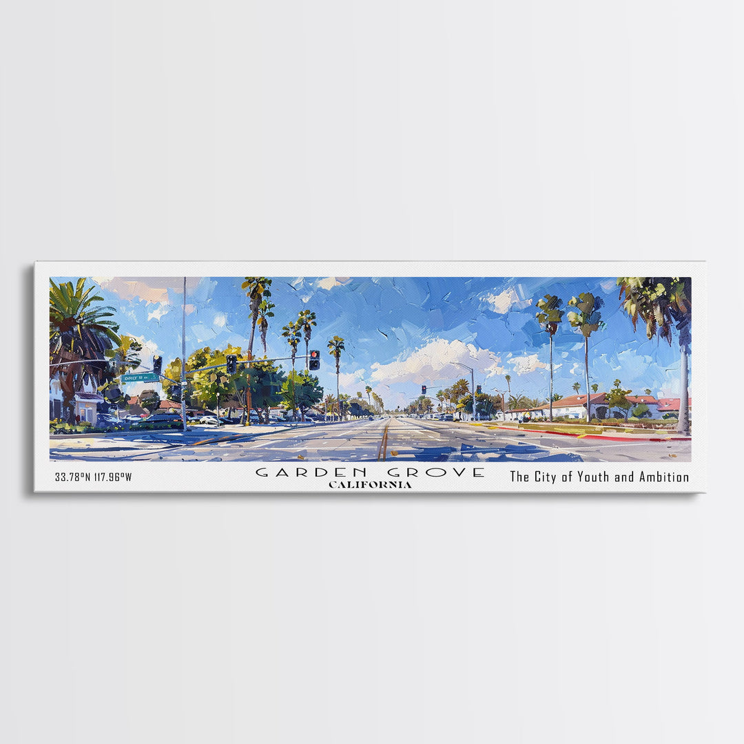 Garden Grove California Panoramic Watercolor Painting, Urban Framed Canvas Print, Cityscape Wall Art for Living Room, Travel Decor, Office Art, Gift Idea