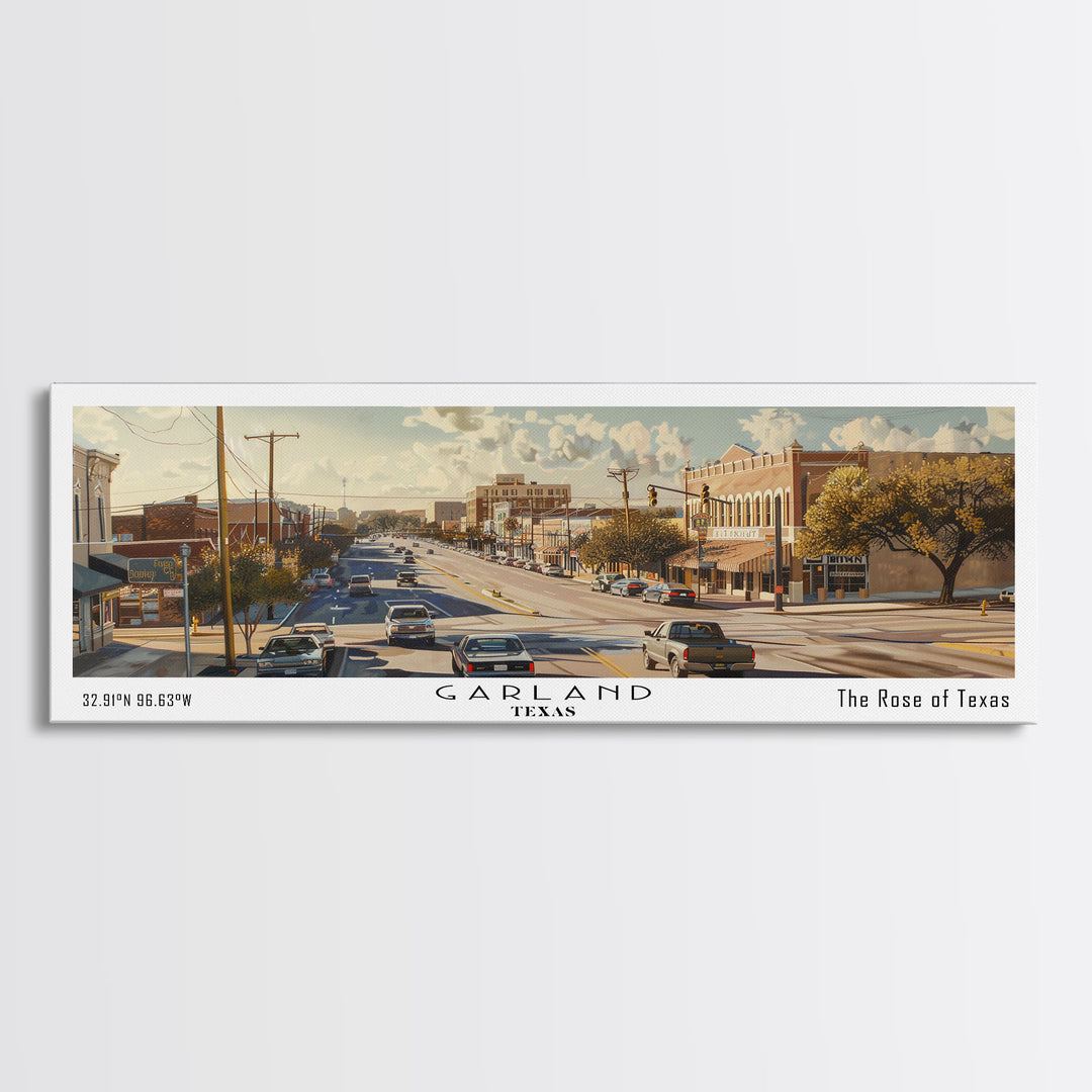 Garland Texas Panoramic Watercolor Painting, Urban Framed Canvas Print, Cityscape Wall Art for Living Room, Travel Decor, Home Gift Idea