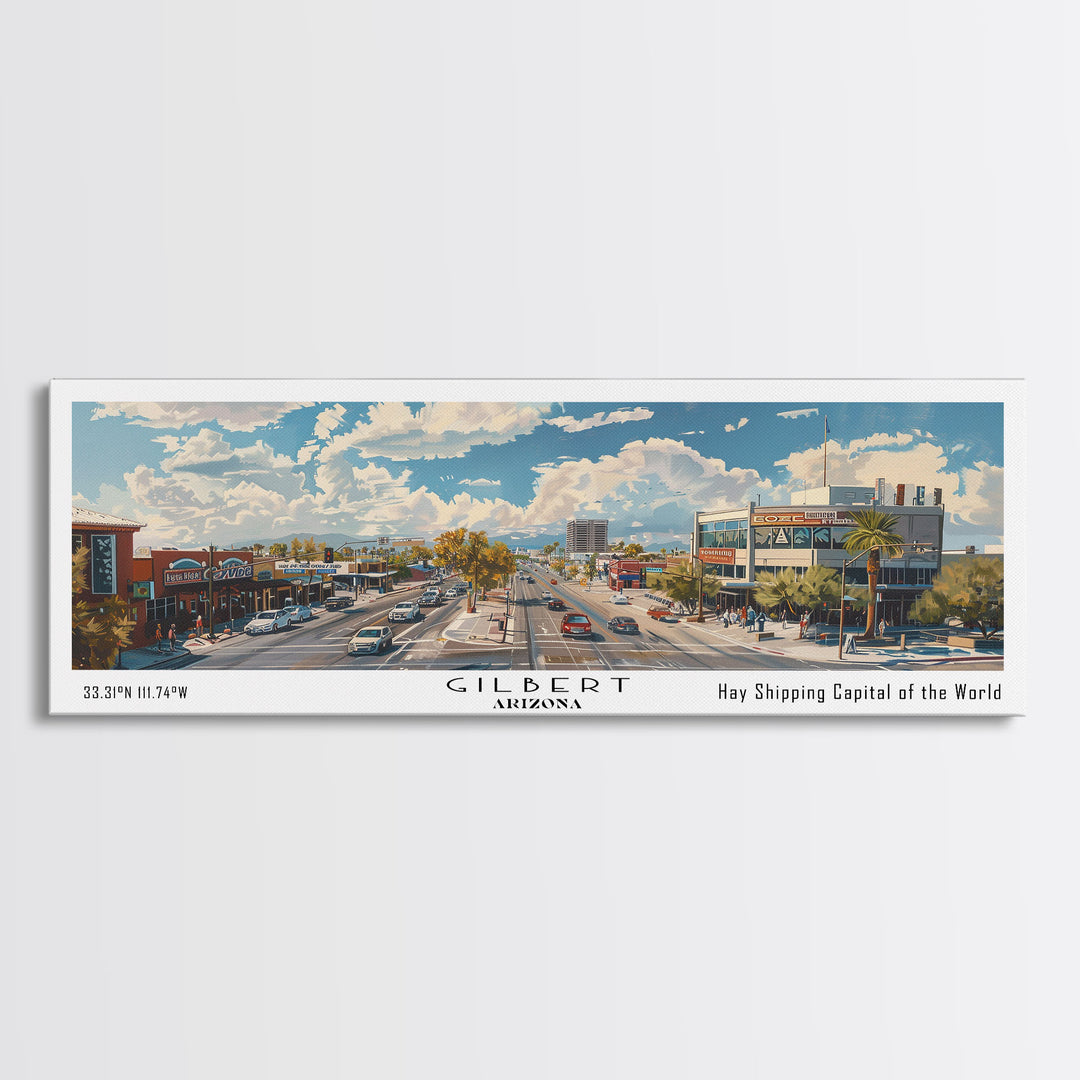 Gilbert Arizona Panoramic Watercolor Painting, Urban Framed Canvas Print, Cityscape Wall Art for Office, Travel Decor, Home Gift Idea