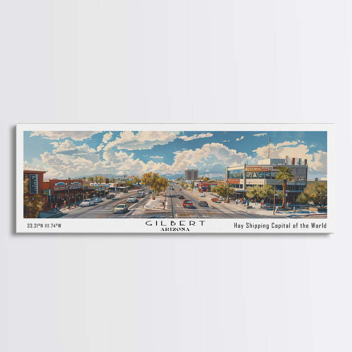 Gilbert Arizona Panoramic Watercolor Painting, Urban Framed Canvas Print, Cityscape Wall Art for Office, Travel Decor, Home Gift Idea