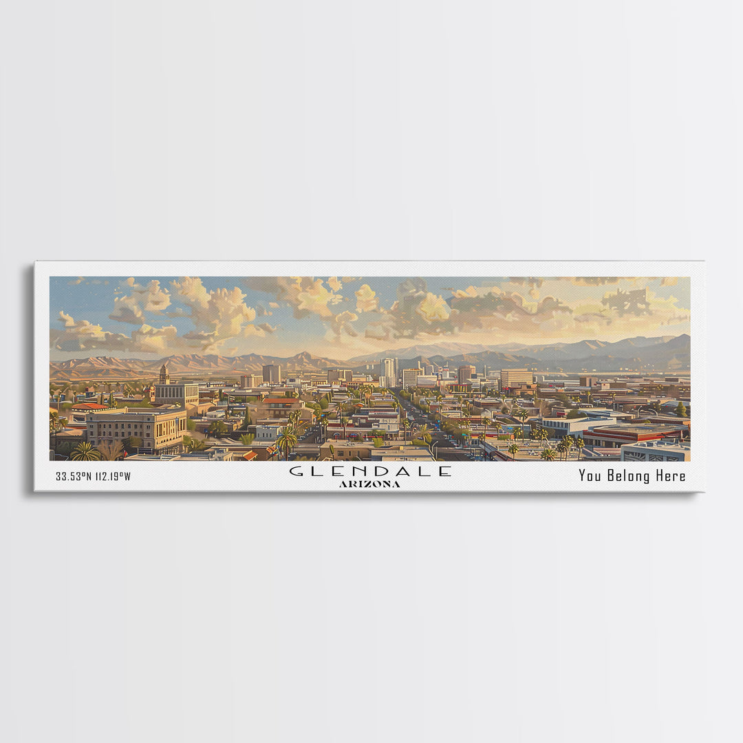 Glendale Arizona Panoramic Watercolor Painting, Urban Framed Canvas Print, Cityscape Wall Art for Living Room, Travel Poster, Home Decor, City Gift Idea