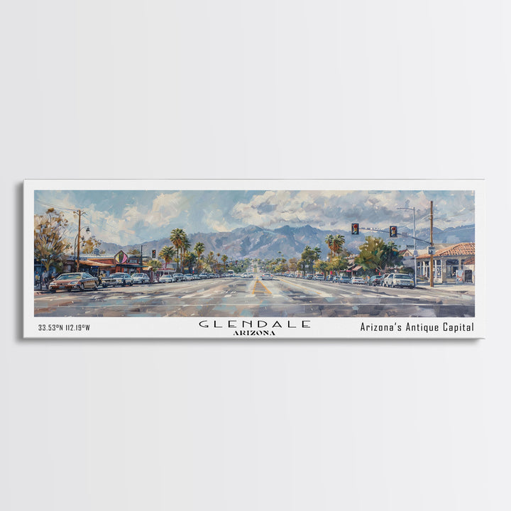 Glendale Arizona Panoramic Watercolor Painting, Urban Framed Canvas Print, Cityscape Wall Art for Office, Travel Decor, Home Gift Idea