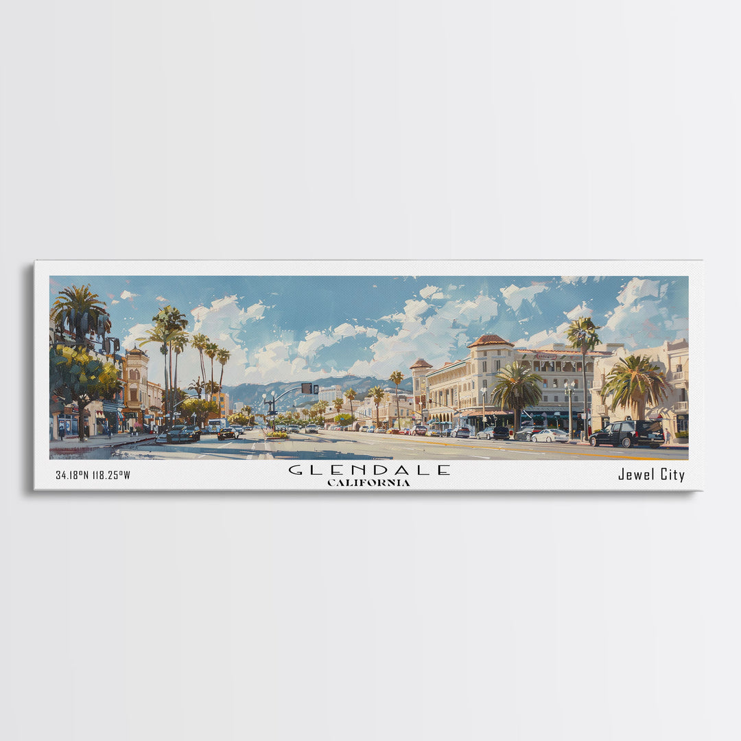 Glendale California Panoramic Watercolor Painting, Urban Framed Canvas Print, Cityscape Wall Art for Living Room, Travel Poster, Home Decor, City Gift Idea