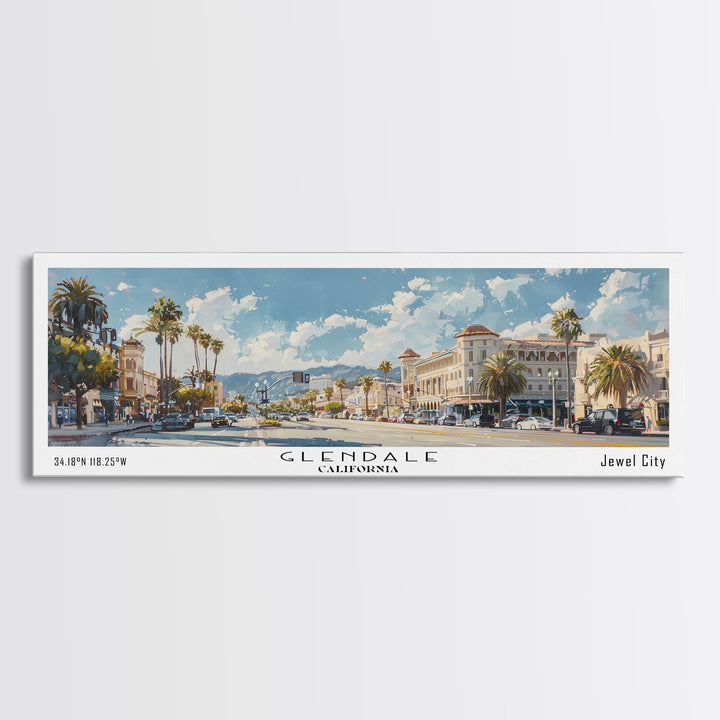 Glendale California Panoramic Watercolor Painting, Urban Framed Canvas Print, Cityscape Wall Art for Living Room, Travel Poster, Home Decor, City Gift Idea