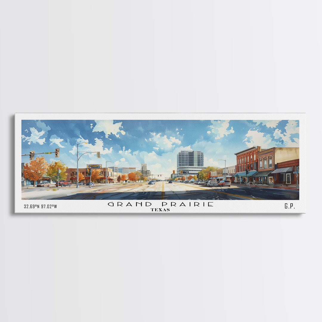 Grand Prairie Texas Panoramic Watercolor Painting, Urban Framed Canvas Print, Cityscape Wall Art for Living Room, Travel Decor, Home Gift Idea