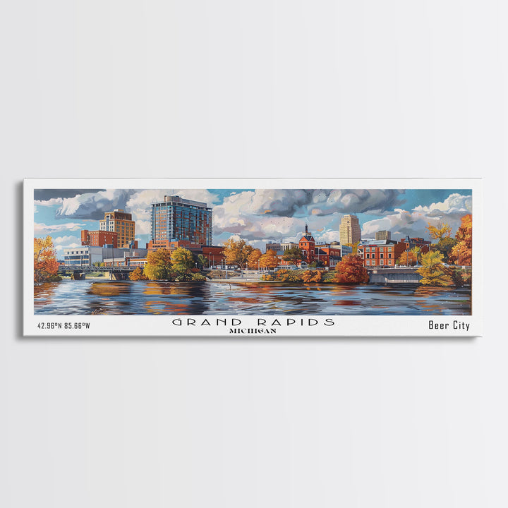 Grand Rapids Michigan Panoramic Watercolor Painting, Urban Framed Canvas Print, Cityscape Wall Art for Office, Travel Decor, Home Gift Idea