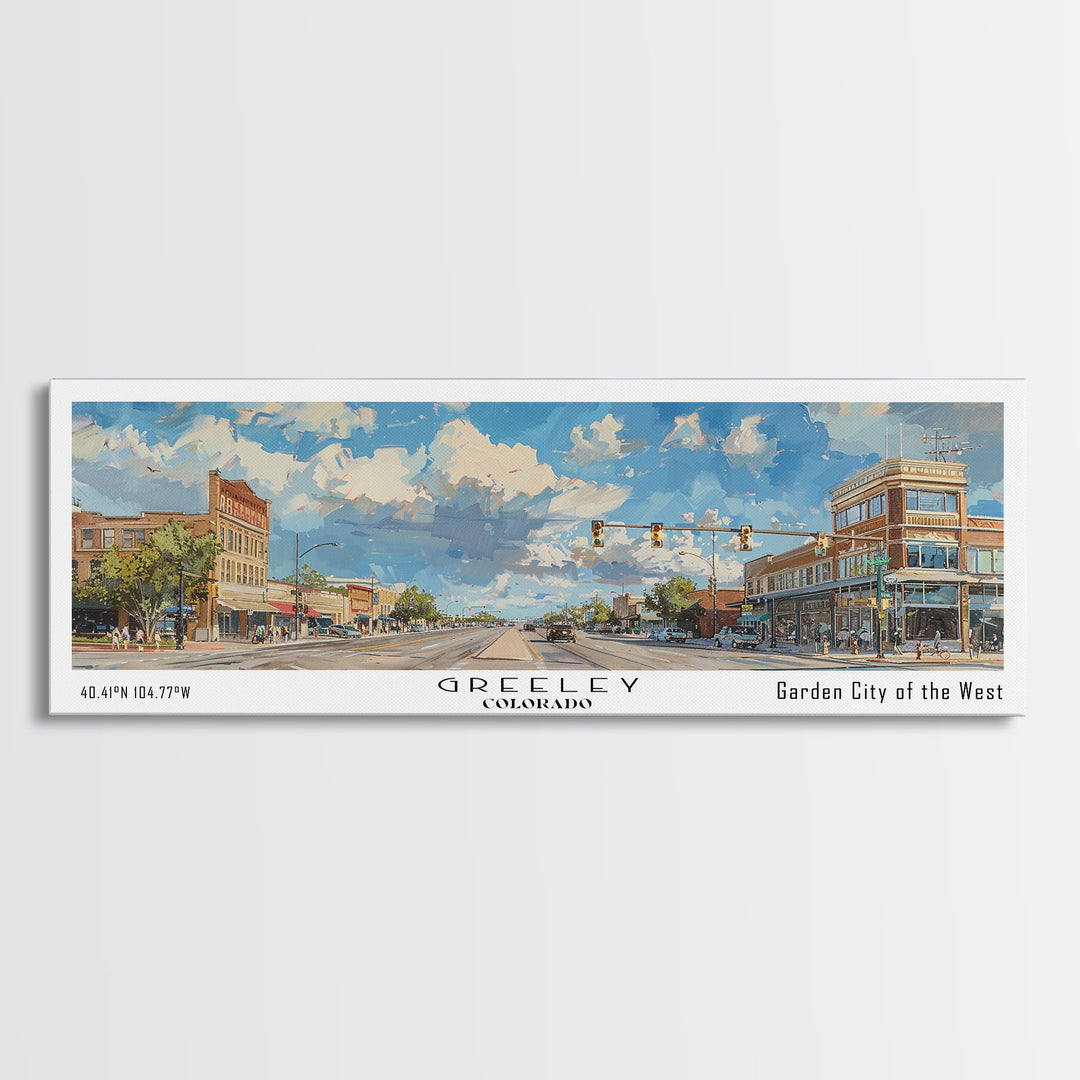 Greeley Colorado Panoramic Watercolor Painting, Urban Framed Canvas Print, Cityscape Wall Art for Living Room, Travel Poster, Home Decor, City Gift Idea