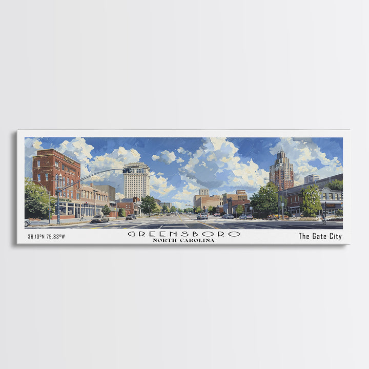 Greensboro North Carolina Panoramic Watercolor Painting, Urban Framed Canvas Print, Cityscape Wall Art for Office, Travel Decor, Home Gift Idea