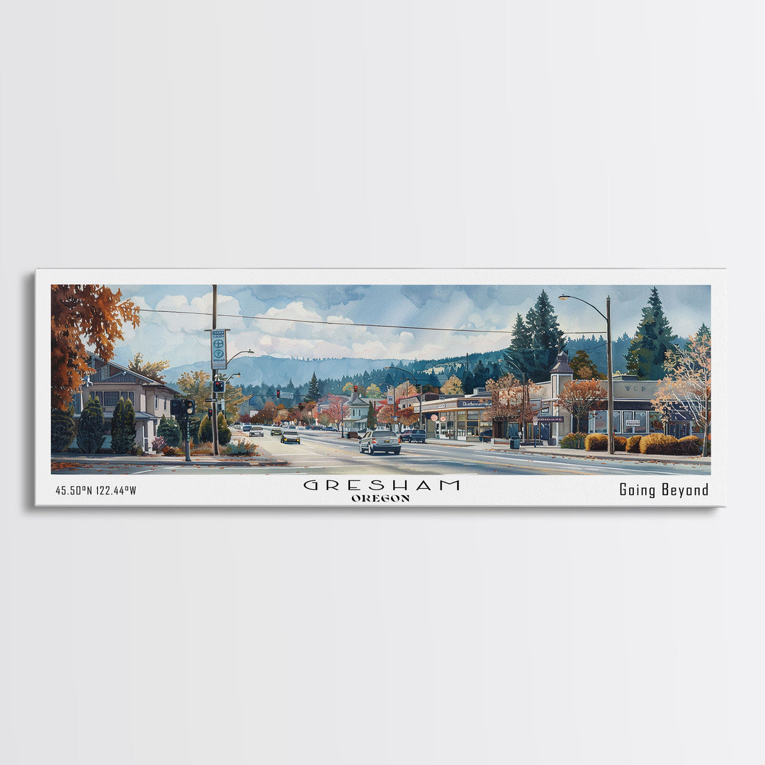 Gresham Oregon Panoramic Watercolor Painting, Urban Framed Canvas Print, Cityscape Wall Art for Living Room, Travel Decor, Home Gift Idea