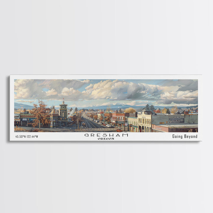 Gresham Oregon Panoramic Watercolor Painting, Urban Framed Canvas Print, Cityscape Wall Art for Office, Travel Decor, Home Gift Idea