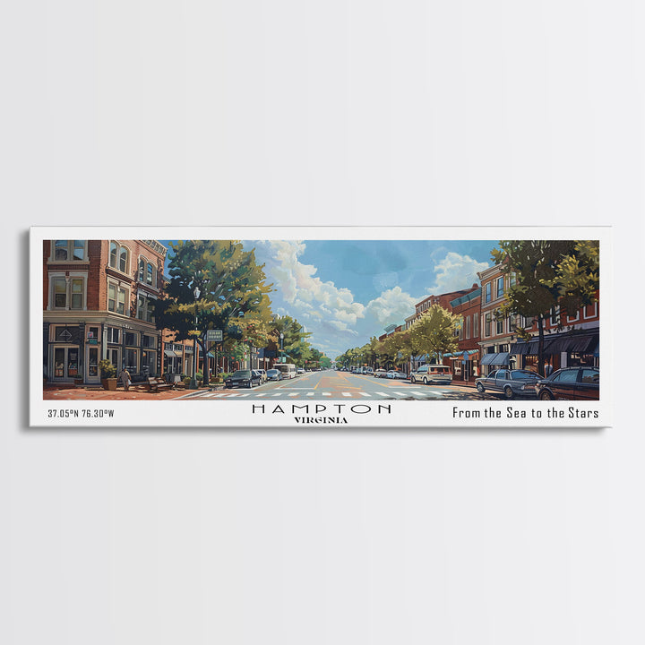 Hampton Virginia Panoramic Watercolor Painting, Urban Framed Canvas Print, Cityscape Wall Art for Living Room, Travel Poster, Home Decor, City Gift Idea