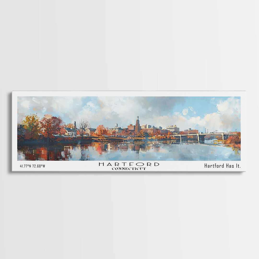 Hartford Connecticut Panoramic Watercolor Painting, Urban Framed Canvas Print, Cityscape Wall Art for Office, Travel Decor, Home Gift Idea