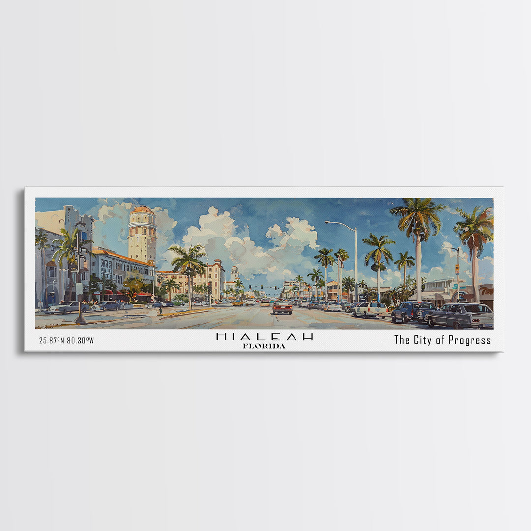 Hialeah Florida Panoramic Watercolor Painting, Urban Framed Canvas Print, Cityscape Wall Art for Office, Travel Decor, Home Gift Idea