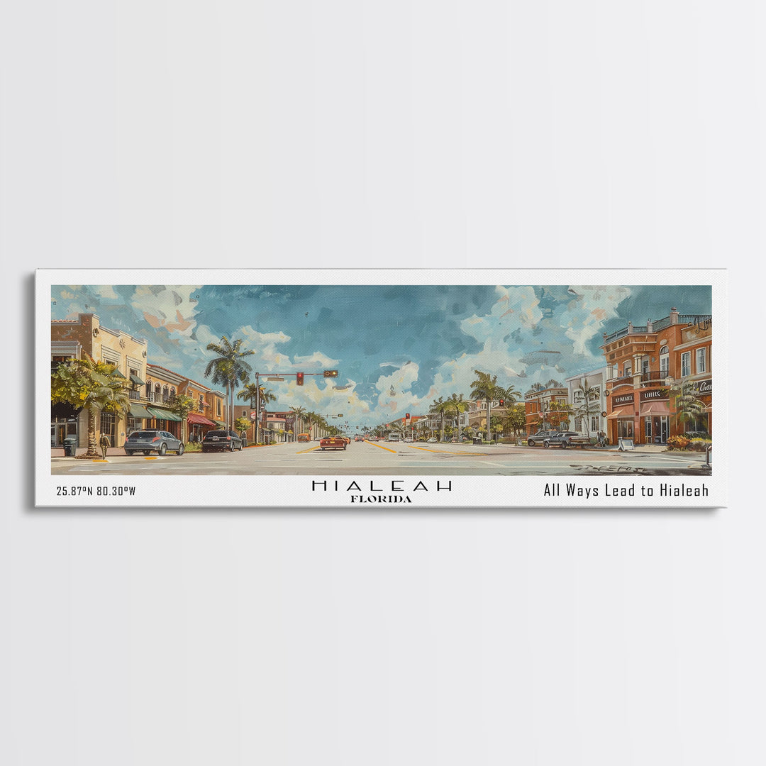 Hialeah Florida Panoramic Watercolor Painting, Urban Framed Canvas Print, Cityscape Wall Art for Living Room, Travel Decor, Home Gift Idea