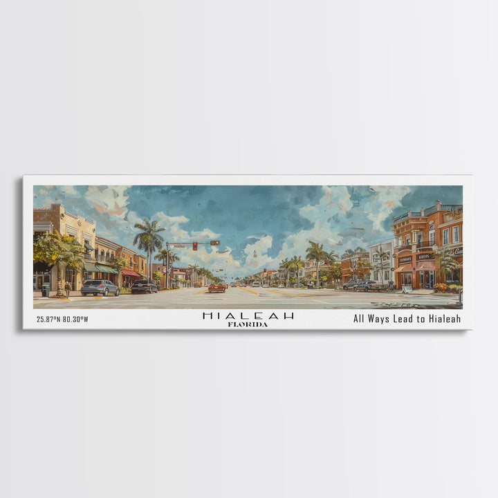 Hialeah Florida Panoramic Watercolor Painting, Urban Framed Canvas Print, Cityscape Wall Art for Living Room, Travel Decor, Home Gift Idea