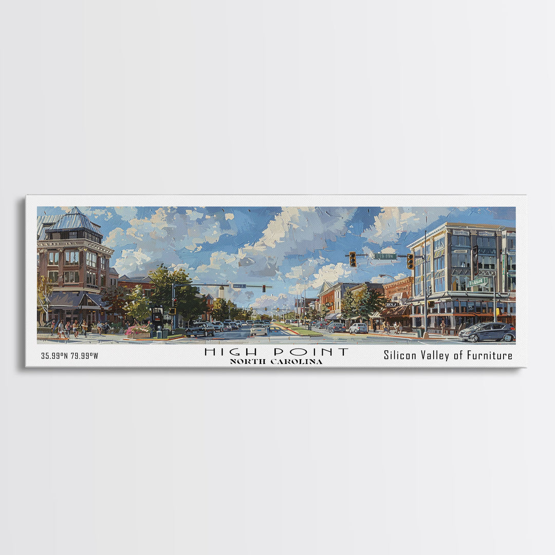High Point North Carolina Panoramic Watercolor Painting, Urban Framed Canvas Print, Cityscape Wall Art for Office, Travel Decor, Home Gift Idea