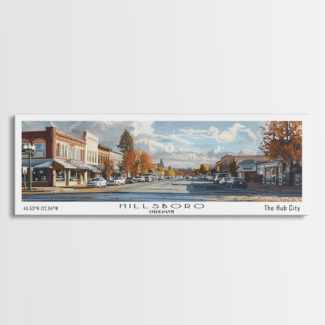 Hillsboro Oregon Panoramic Watercolor Painting, Urban Framed Canvas Print, Cityscape Wall Art for Office, Travel Decor, Home Gift Idea