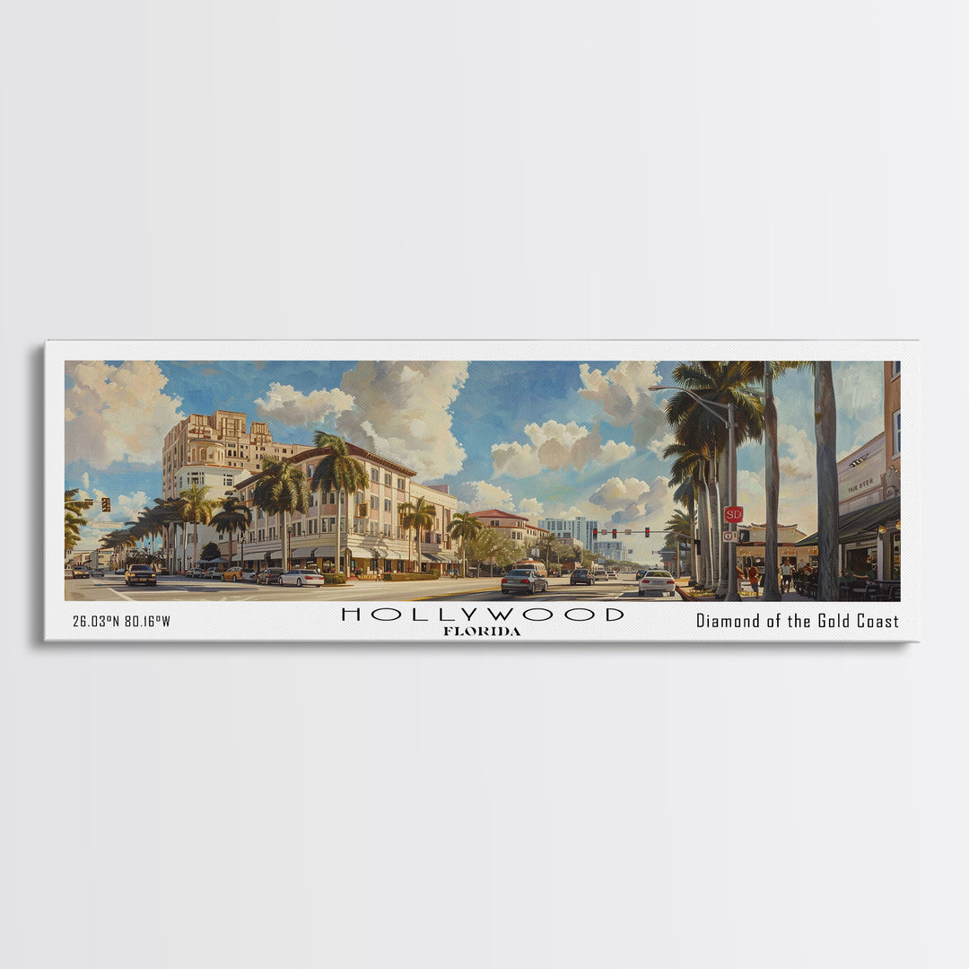 Hollywood Florida Panoramic Watercolor Painting, Urban Framed Canvas Print, Cityscape Wall Art for Living Room, Travel Poster, Home Decor, City Gift Idea