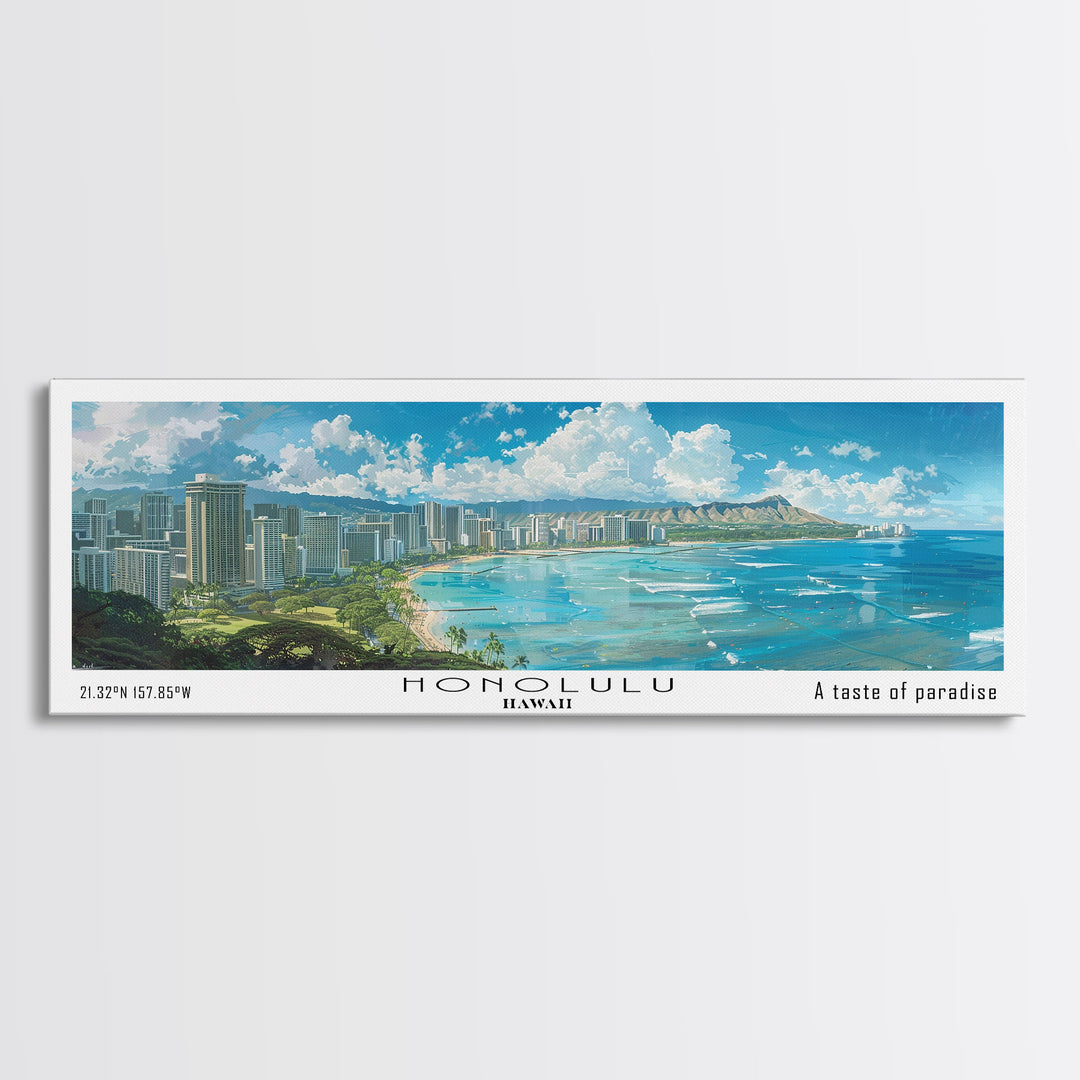 Honolulu Hawaii Panoramic Watercolor Painting, Urban Framed Canvas Print, Cityscape Wall Art for Office, Travel Decor, Home Gift Idea