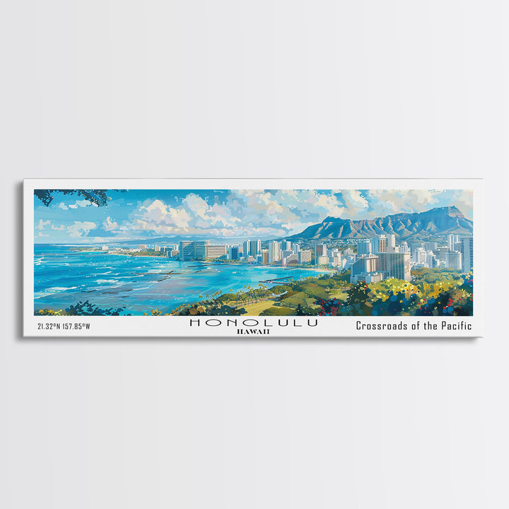 Honolulu Hawaii Panoramic Watercolor Painting, Urban Framed Canvas Print, Cityscape Wall Art for Living Room, Travel Poster, Home Decor, City Gift Idea