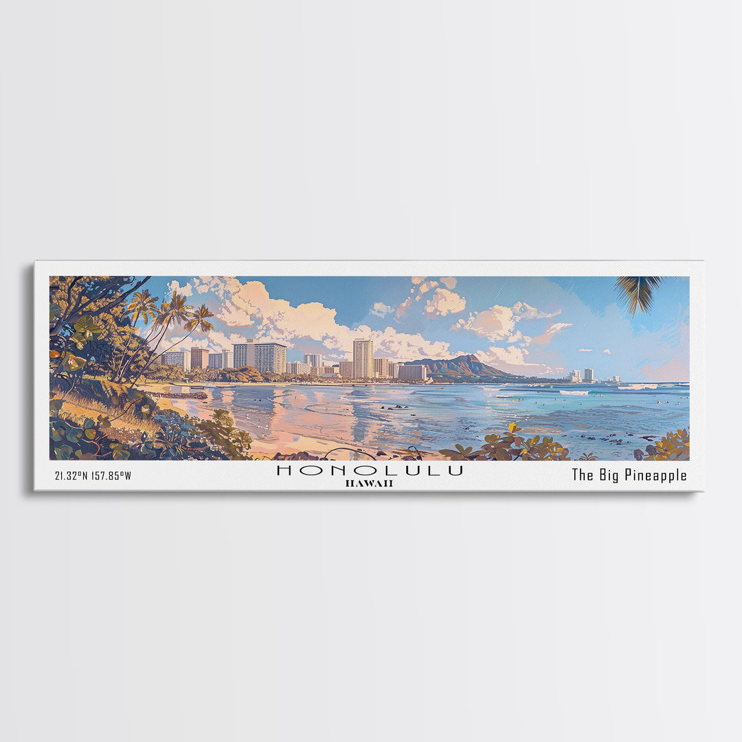 Honolulu Hawaii Panoramic Watercolor Painting, Urban Framed Canvas Print, Cityscape Wall Art for Office, Travel Decor, Home Gift Idea