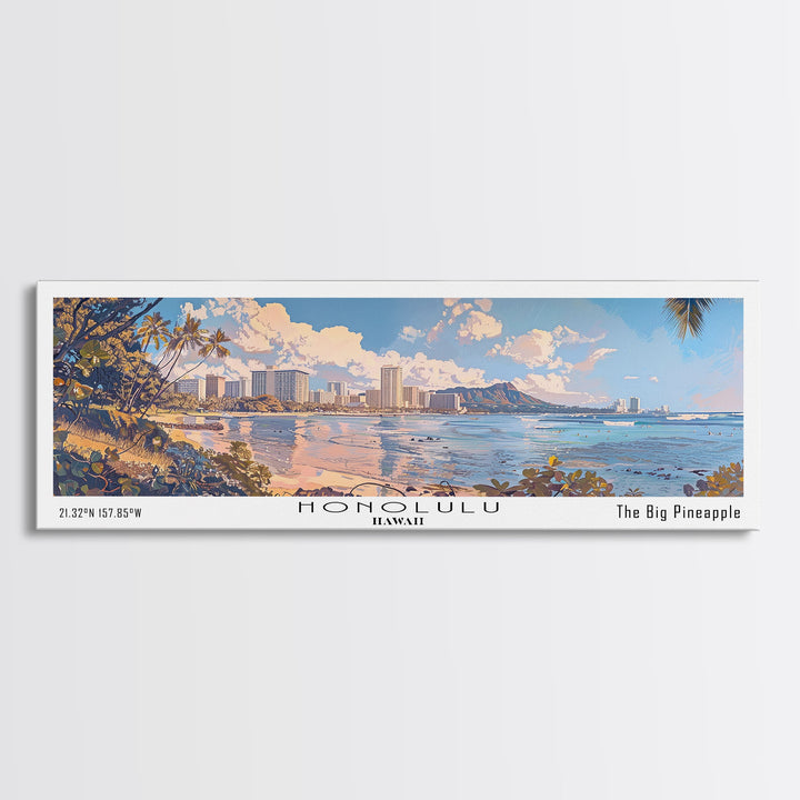 Honolulu Hawaii Panoramic Watercolor Painting, Urban Framed Canvas Print, Cityscape Wall Art for Office, Travel Decor, Home Gift Idea