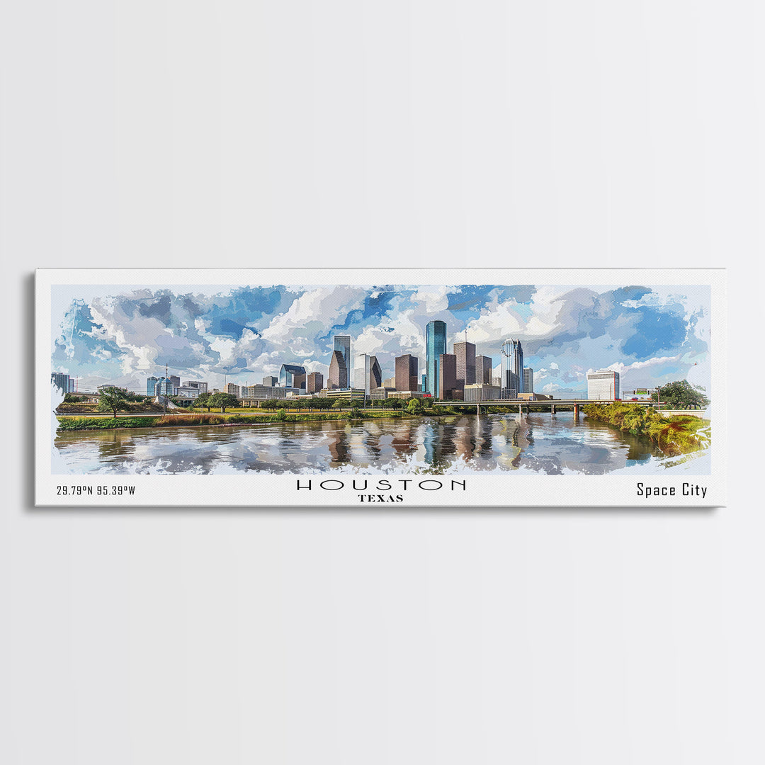 Houston Texas Panoramic Watercolor Painting, Urban Framed Canvas Print, Cityscape Wall Art for Living Room, Travel Poster, Home Decor, City Gift Idea