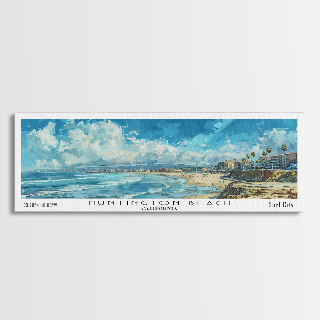 Huntington Beach California Panoramic Watercolor Painting, Urban Framed Canvas Print, Cityscape Wall Art for Office, Travel Decor, Home Gift Idea