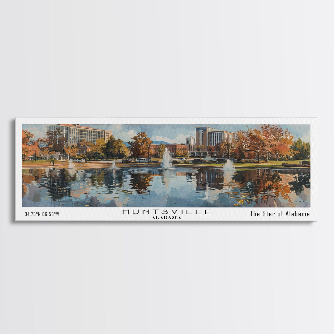 Huntsville Alabama Panoramic Watercolor Painting, Urban Framed Canvas Print, Cityscape Wall Art for Living Room, Travel Poster, Home Decor, City Gift Idea