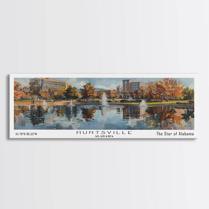 Huntsville Alabama Panoramic Watercolor Painting, Urban Framed Canvas Print, Cityscape Wall Art for Living Room, Travel Poster, Home Decor, City Gift Idea