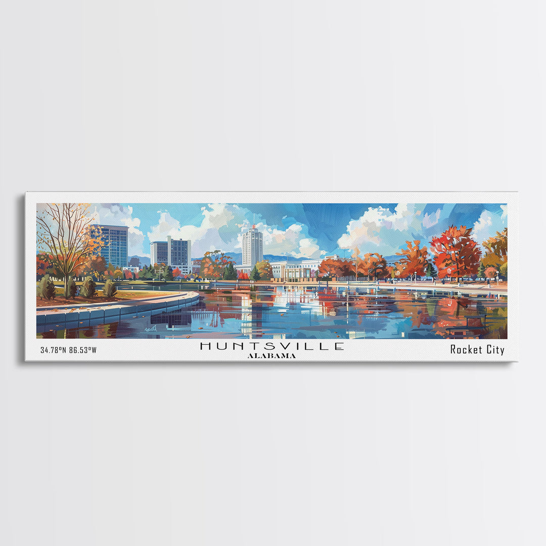 Huntsville Alabama Panoramic Watercolor Painting, Urban Framed Canvas Print, Cityscape Wall Art for Office, Travel Decor, Home Gift Idea