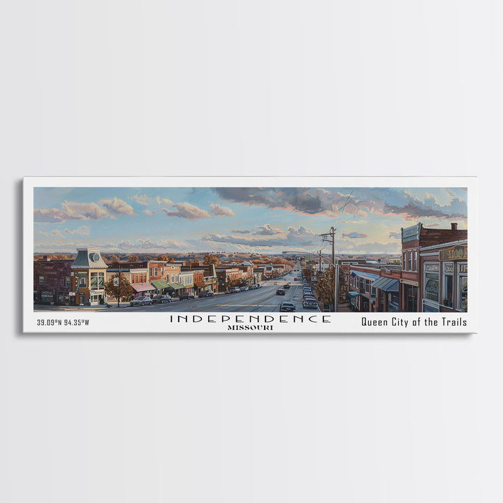 Independence Missouri Panoramic Watercolor Painting, Urban Framed Canvas Print, Cityscape Wall Art for Living Room, Travel Decor, Home Gift Idea