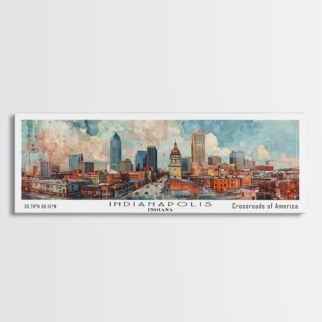 Indianapolis Indiana Panoramic Watercolor Painting, Urban Framed Canvas Print, Cityscape Wall Art for Office, Travel Decor, Home Gift Idea