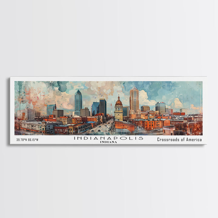 Indianapolis Indiana Panoramic Watercolor Painting, Urban Framed Canvas Print, Cityscape Wall Art for Office, Travel Decor, Home Gift Idea