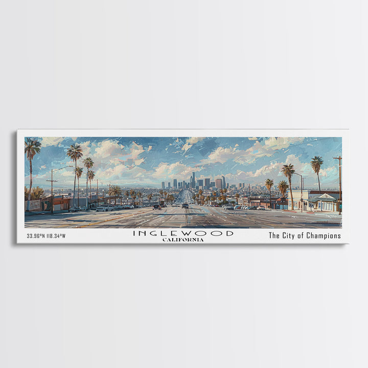 Inglewood California Panoramic Watercolor Painting, Urban Framed Canvas Print, Cityscape Wall Art for Living Room, Travel Poster, Home Decor, City Gift Idea