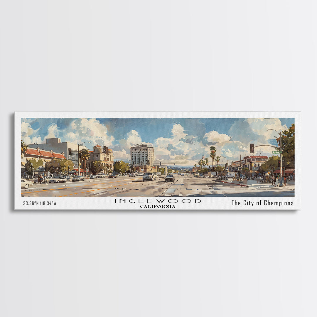 Inglewood California Panoramic Watercolor Painting, Urban Framed Canvas Print, Cityscape Wall Art for Office, Travel Decor, Home Gift Idea