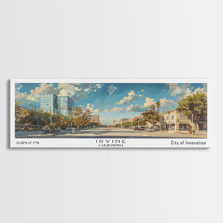 Irvine California Panoramic Cityscape Painting, Framed Canvas Print for Home, Office Wall Art, Urban Decor, Watercolor Travel Poster